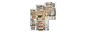 A floor plan of a house with three bedrooms and a living area.