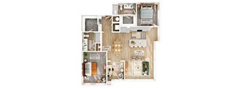 A floor plan of a two bedroom apartment with a living room, dining room, and study.
