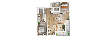 A floor plan of a small apartment with three bedrooms, a living room, a dining room, and a study.