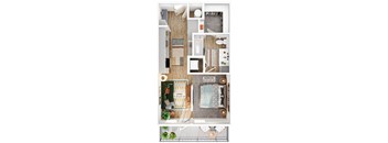A floor plan of a small apartment with a living room, bedroom, and bathroom.