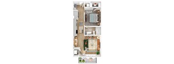 A floor plan of a living room with a sofa, a bed, and a kitchen area.
