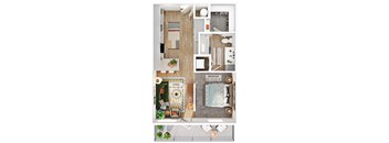 A floor plan of a small apartment with a living room, kitchen, and bedroom.