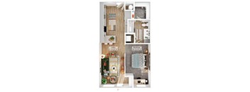 A floor plan of a small apartment with a living room, kitchen, and bedroom.