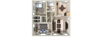 A 3D rendered image of a small apartment layout.
