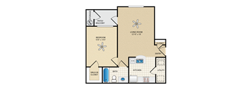 A floor plan of a home with a living room, kitchen, bathroom, and bedroom.