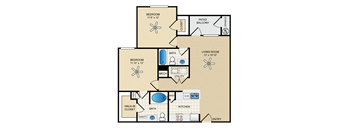 A floor plan of a home with two bedrooms, a living room, a kitchen, a bath, and a patio.
