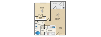 A floor plan of an apartment with a bedroom, living room, kitchen, and bathroom.