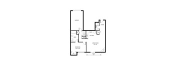 A black and white image of a house floor plan with a garage, living room, kitchen, and bathroom.