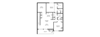 A floor plan of a house with a living room, dining room, kitchen, two bedrooms, a bathroom, a storage area, and a balcony.