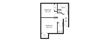 A black and white image of a floor plan for a home with two bedrooms.