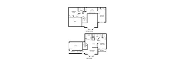 A black and white image of a two-story house floor plan.