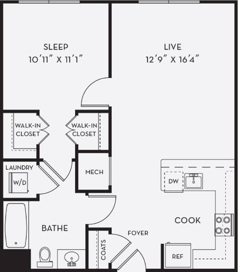 A black and white image of a floor plan for a small apartment.