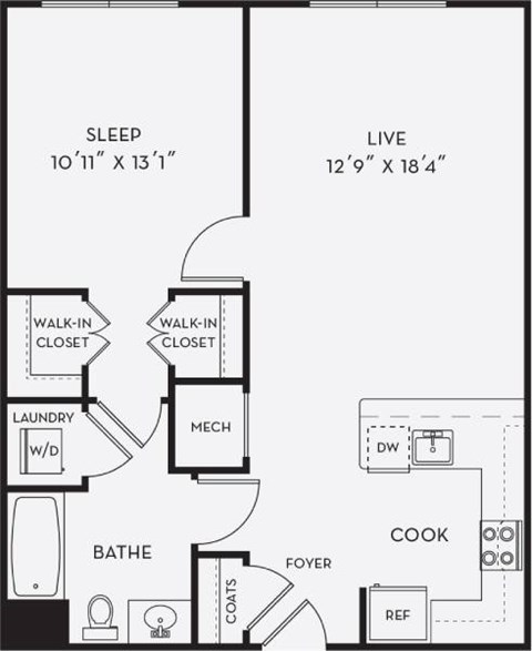 A floor plan of a small apartment with a sleeping area and a living area.