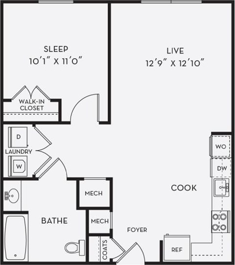 A black and white image of a floor plan for a small apartment.