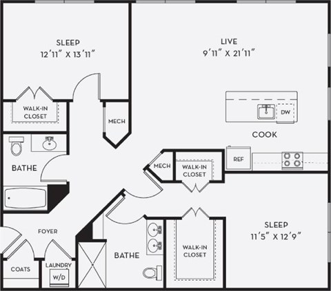 A black and white image of a floor plan for a home with a sleeping area, laundry area, and a kitchen.
