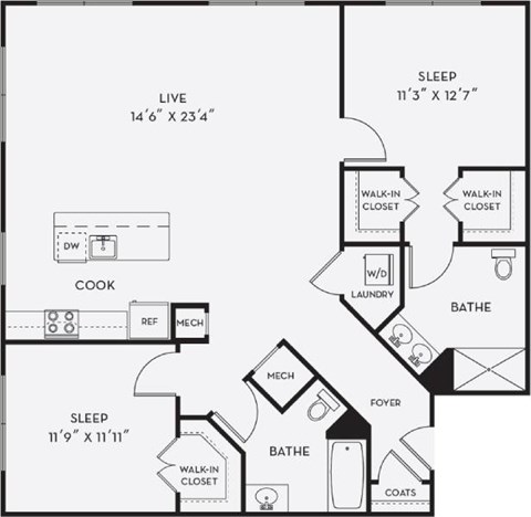 A black and white image of a house floor plan with a sleeping area, a cooking area, and a laundry area.