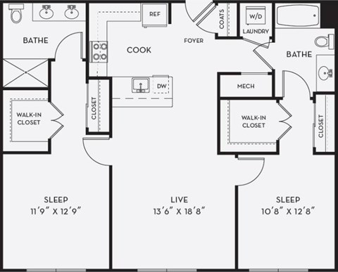 A black and white image of a floor plan for a home with two bedrooms, a living room, a kitchen, a bathroom, a laundry room, a foyer, a mudroom, and a walk-in closet.