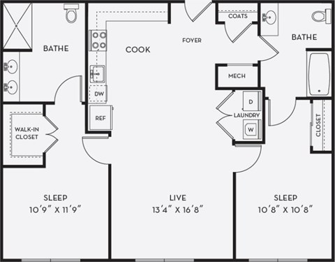 A black and white image of a floor plan for a home with a sleeping area, a living area, a kitchen, a bathroom, a laundry room, and a walk-in closet.