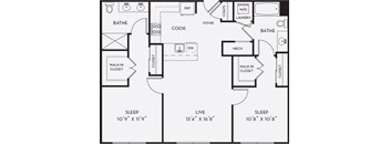 A floor plan of a home with two bedrooms, a living room, a kitchen, a bathroom, a laundry room, a foyer, a coat closet, a walk-in closet, and a mech.