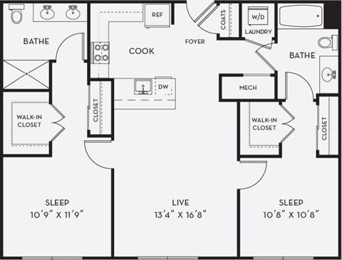 A floor plan of a home with two bedrooms, a living room, a kitchen, a bathroom, a laundry room, a foyer, a coat closet, a walk-in closet, and a mech.