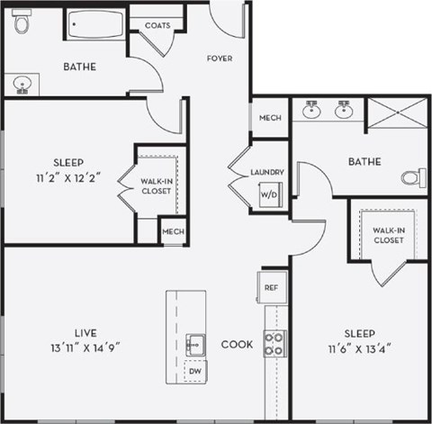 A black and white image of a floor plan for a house with a living room, kitchen, and two bedrooms.