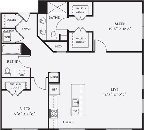 A floor plan shows a sleeping area of 12 feet 5 inches by 12 feet 6 inches, a living area of 14 feet 8 inches by 19 feet 2 inches, and a sleeping area