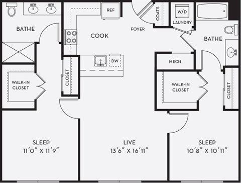 A black and white image of a house floor plan with a sleeping area, a kitchen, a bathroom, a laundry area, a foyer, a coats closet, a mech, and a walk-in closet