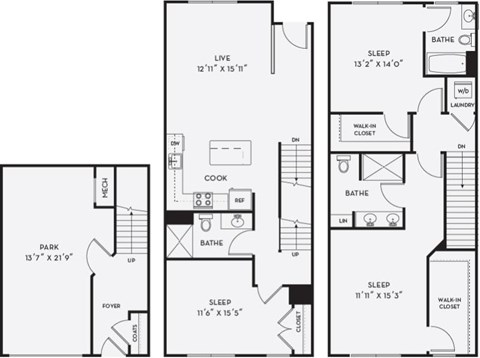 A floor plan of a house with a living room, kitchen, and two bedrooms.