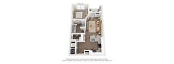 A1 1 bedroom and 1 bedroom 3D floorplan at The Artisan at Robinson