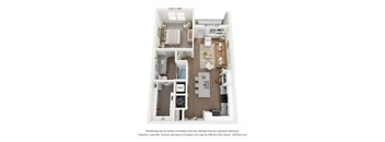 A2 1 bedroom and 1 bedroom 3D floorplan at The Artisan at Robinson