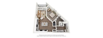 A3 1 bedroom and 1 bedroom 3D floorplan at The Artisan at Robinson