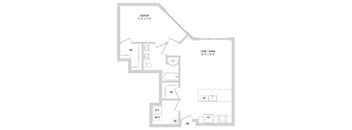 A floor plan of a house with a bedroom, living/dining area, and a workspace.
