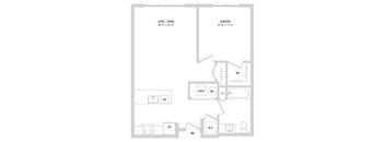 A floor plan of a small apartment with a living room, dining room, bedroom, and bathroom.