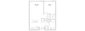 A floor plan of a home with a living/dining area and a bedroom.