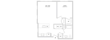 A floor plan of a house with a living/dining area and a bedroom.