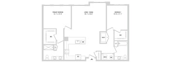 A floor plan of a house with three bedrooms and a living/dining area.