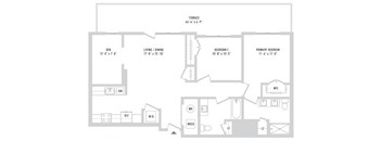 A floor plan of a house with a den, two bedrooms, a living/dining area, a kitchen, a wet bar, a home office, and a laundry room.