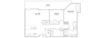 A floor plan of a house with a living room, dining room, two bedrooms, and a terrace.