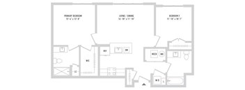 A floor plan of a house with a primary bedroom, living/dining area, and two other bedrooms.