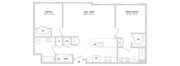 A floor plan of a house with three bedrooms and a living area.