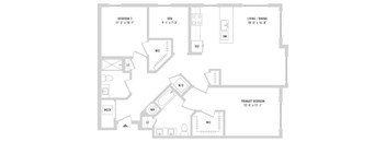 A floor plan of a house with a primary bedroom, a den, a living/dining area, and a workspace.