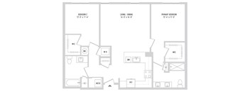 A floor plan of a house with three bedrooms and a living/dining area.