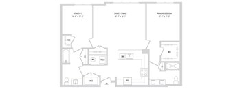 A floor plan of a house with three bedrooms, a living/dining area, and a primary bedroom.