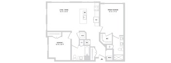 A floor plan of a home with a living room, dining room, and two bedrooms.