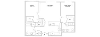 A floor plan of a house with three bedrooms and a living area.