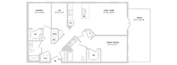 A floor plan of a house with a primary bedroom, living room, and bathroom.