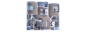 A diagram of a house layout with three bedrooms, a living room, a dining room, and a kitchen.