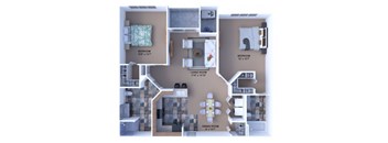 A floor plan of a home with a living room, dining room, and two bedrooms.