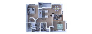A 3D floor plan of a house showing a living room, dining room, and two bedrooms.