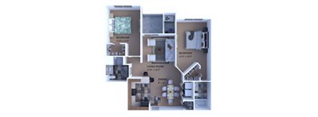 A diagram of a house layout with three bedrooms, a living room, and a dining area.